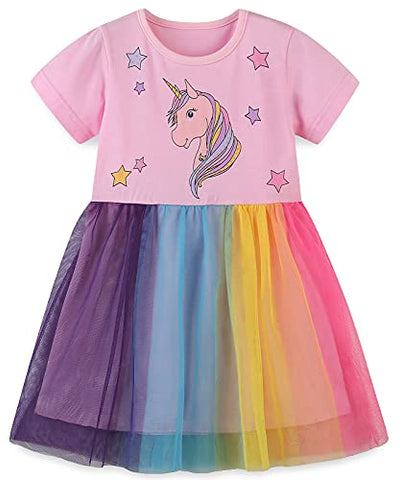 Unicorn Short Sleeve Girls Summer Dresses | Rainbow Design 