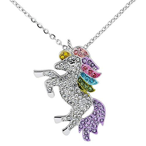 Rainbow Crystal Unicorn Charm Pendant | Silver Necklace Chain | Jewellery Gift Box