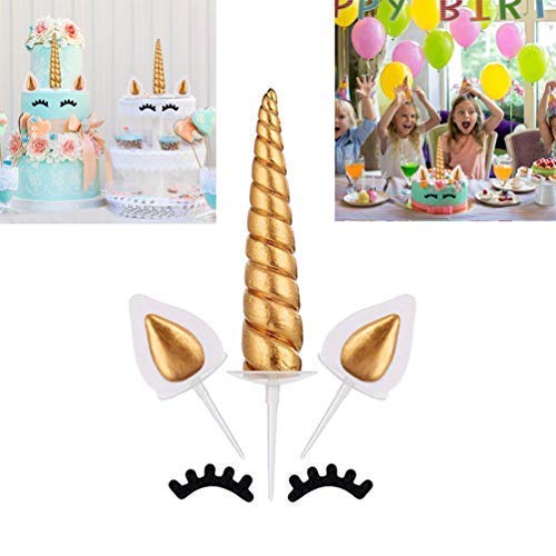 Unicorn Cake Topper Gold Birthday Cake Topper, Unicorn Horn, Ears and Eyelash Set Cake Decorations (Pack of 6)