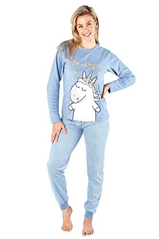 Ladies/Women's Magical Unicorn Fleece Long Sleeve Pyjamas Pyjama PJ Set Blue