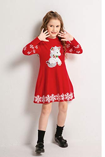 Girls Warm Ribbed Knit Dresses | Unicorn Reindeer Snowflake Design | Red
