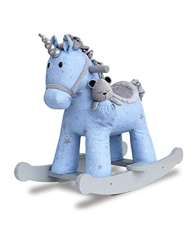 Moonbeam & Rae Rocking Unicorn- With Teddy, Toddlers, Blue, Grey with Stars