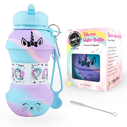 Unicorn Water Bottle for Kids - Collapsible Water Bottle - Unicorn Gift for Girls - BPA Free, Leakproof Rainbow Water Bottle with Flip Spout - 550 ml (Rainbow)…