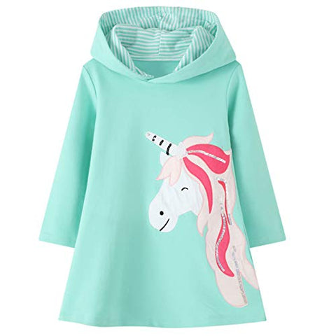 Girls Unicorn Long Sleeve Cotton Causal Tunic Pullover Hooded Dress