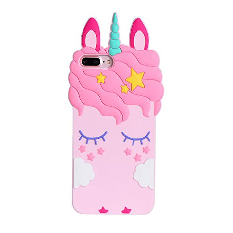 Liangxuer Pink Unicorn for iPhone 7 Plus 8 Plus Soft 3D Silicone Case,Cute Animal Rubber Cover,Cool Kawaii Cartoon Gel Cases for Girls Kids.Fun Unique Sweet Character Skin Protector Shell for 8Plus