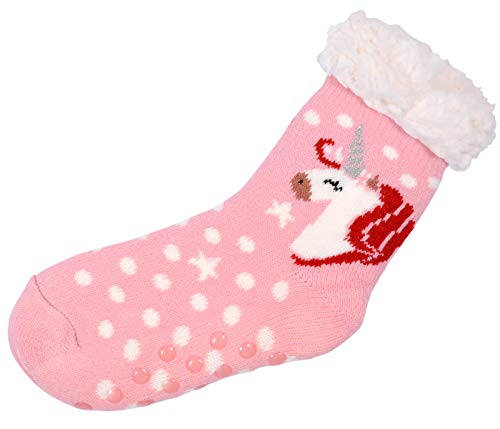 Cosy Indoor Slipper Socks Pink with Unicorn for Girls Children (8-12)