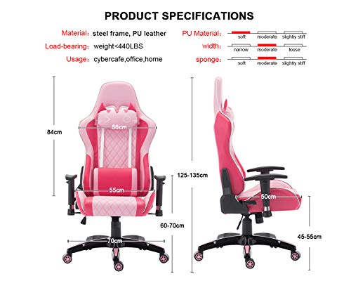 Wahson PU Leather Gaming Chair, Computer Game Chair Ergonomic Reclining Racing Chair for PC Office Desk Chair with Cat-Shape Headrest and Lumbar Support (Pink）