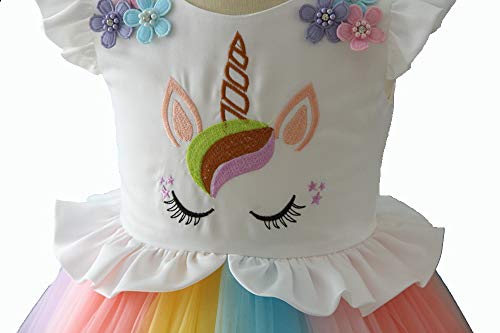 Girls Unicorn Costume Dress Princess Flowers Rainbow Dresses up Child Cosplay Wedding Party Tutu Sleeveless Fancy Up (4 - 5 years)