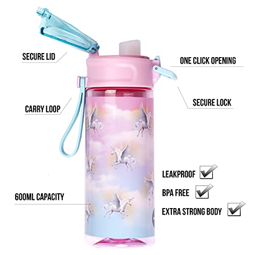 Fringoo - Unicorn Sky - Kids Water Bottle - BPA Free Water Bottles - Black Flip Top Water Bottle - Reusable Water Bottle - 600 ml / 20 Oz