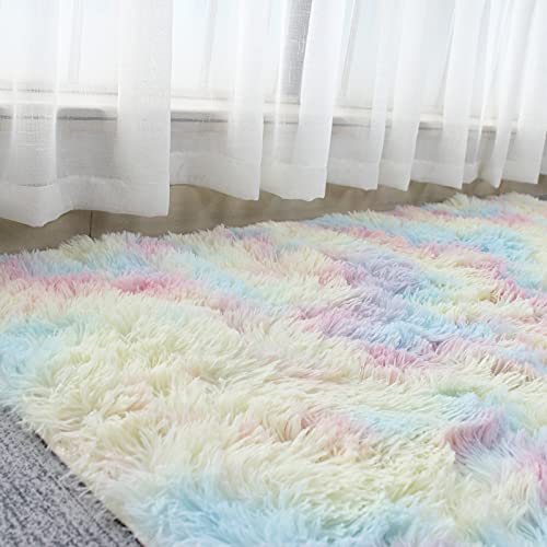 Super Soft Fluffy Shaggy Rugs Multicoloured 120 x 160 cm Anti-Slip Carpet Rainbow Kids Mat Living Room Extra Large Size Area Rug Modern Bedroom Nursery Rugs Non Shedding