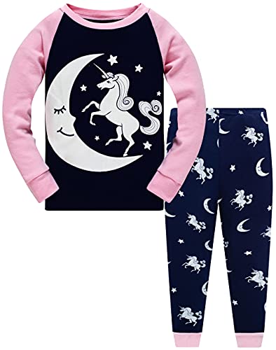 Little Girls Glow in Dark Unicorn Pyjamas 2 Piece Set 100% Cotton Sleepwear Toddler Clothes Moon Style PJs (Moon Unicorn-6214-8T)