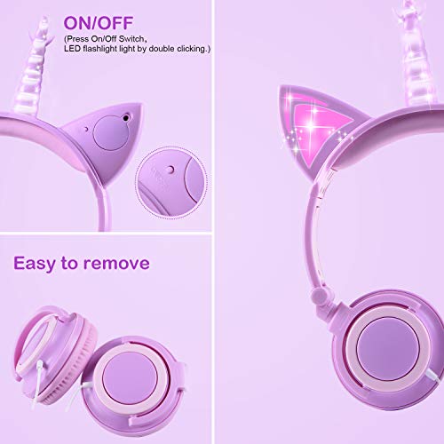 Unicorn Kids Headphones Lavender Purple LED Glowing Ears