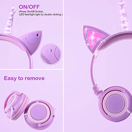 Kids LED Ears Unicorn Headphones Purple 