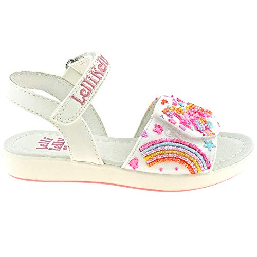 Girls unicorn bead rainbow white leather sandals