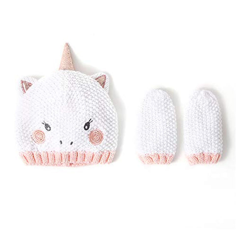Baby Girl Pink Unicorn Beanie Hat + Mitten Set for 7-12 Months | White & Pink