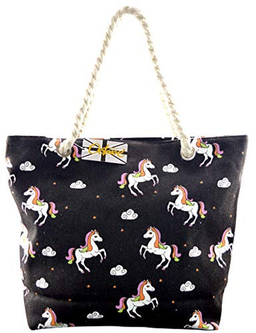 OCTAVE® Ladies Summer Beach Tote Handbags Collection | Unicorn Design | Black 
