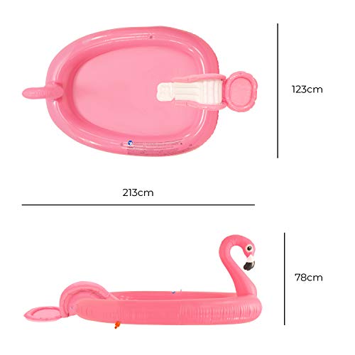 Inflatable Flamingo Design Play Paddling Pool with Water Spray, Slide and Balls, Pink