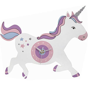 Unicorn shaped wall clock. Pink, purple,blue design. Galloping unicorn