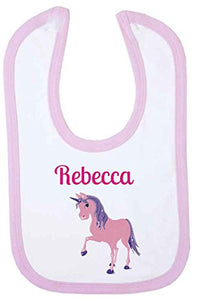 Personalised name baby big pink unicorn bib