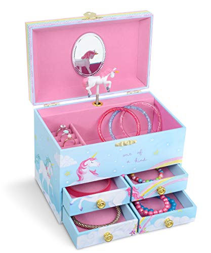 Rainbow Unicorn Design | Large Musical Jewellery Box With 4 Pull-out Drawers | For Girls 
