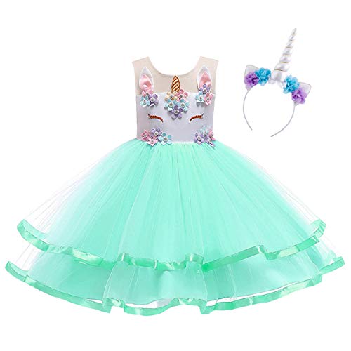 Girls Mint Green Unicorn Dress | Sleeveless Princess Rainbow Tutu Skirt | Fancy Dress