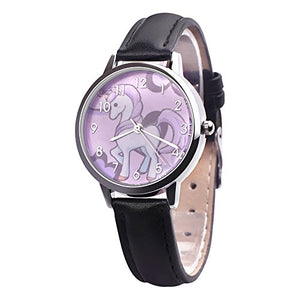 Cute Simple Purple Unicorn Arabic Numerals Leather Strap Quartz Women Girl Children Wristwatch, Black