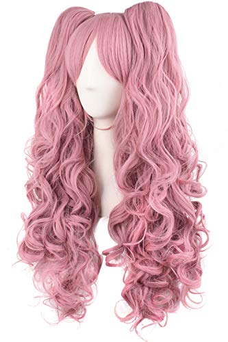 MapofBeauty Lolita Long Curly Clip on Ponytails Cosplay Wig (Rouge Pink)