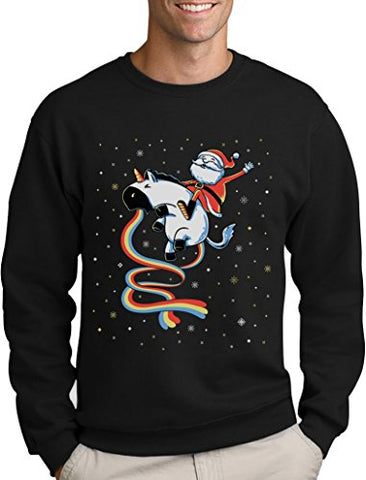 Santa Riding Vomiting Rainbow Unicorn Ugly Christmas Sweater | Black 