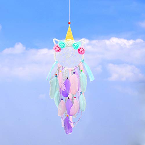 Unicorn Dream Catcher Handmade Wall Hanging Dreamcatcher with Colourful Feathers