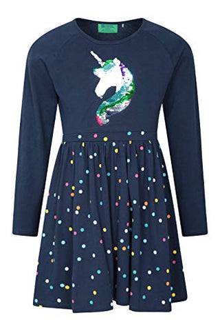 Long Sleeved Unicorn Sequinned Dress | Navy & Multicoloured Spots | Girls 