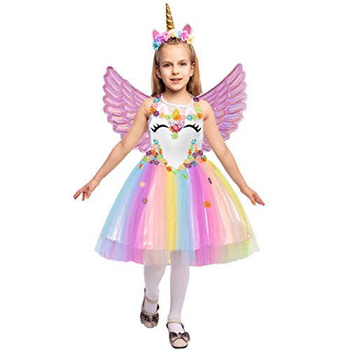 Unicorn Princess Fancy Dress Rainbow Skirt with Headband and Wings for Kids