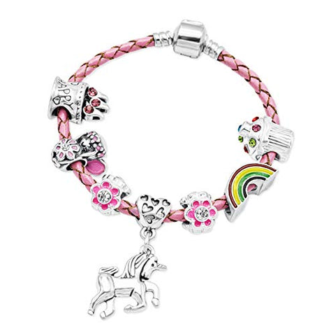 Girl's Pink Leather Unicorn Birthday Charm Bracelet with Gift Box 