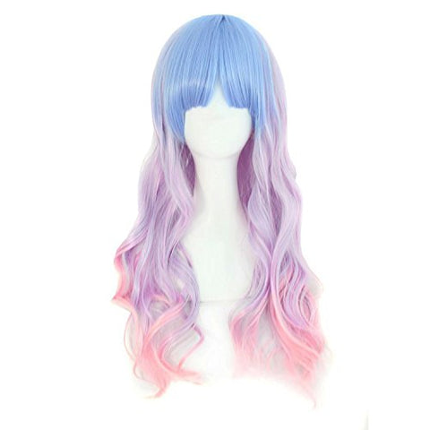 Beautiful Long Wavy Unicorn Harajuku Style Cosplay Wig (Light Blue/Light Purple/Pink)