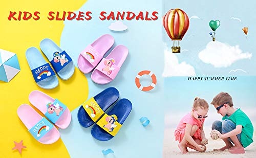 Unisex Boys Girls Sliders Sandals Pool- Happy Unicorn with rainbow- Blue