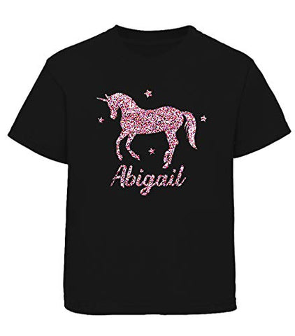 Children's Personalised Glitter Unicorn T-Shirt | Girls | Black & Pink Glitter 