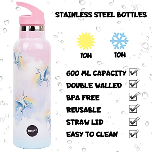 Fringoo - Unicorn Sky Water Bottle with Straw- Tall BPA Free Water Bottles - Insulated Water Bottle - Stainless Steel Water Bottle - Kids Water Bottles - Reusable Water Bottle - 600 ml