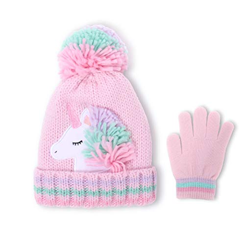 Unicorn Winter Pom Pom Beanie Hat & Gloves Set For Girls | Pink | 6-9 Years