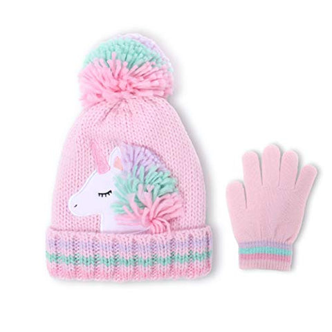 Unicorn Winter Pom Pom Beanie Hat & Gloves Set For Girls | Pink | 6-9 Years