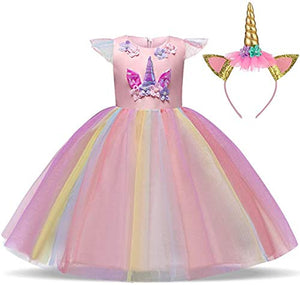 Girls Rainbow Unicorn Fancy Princess Dress | Party Dress | Pink