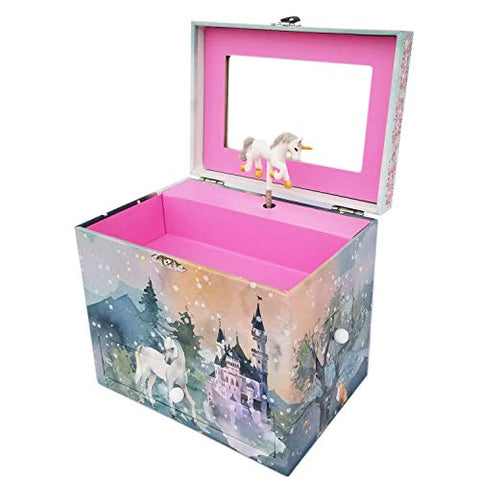 Majestic Unicorn Music Jewellery Storage Box, Unicorn Castle, Flowers, and Forest, Swan Lake Melody
