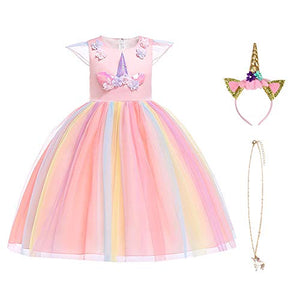 Unicorn Princess Fancy Dress with Necklace, Headband for Kids & Toddlers