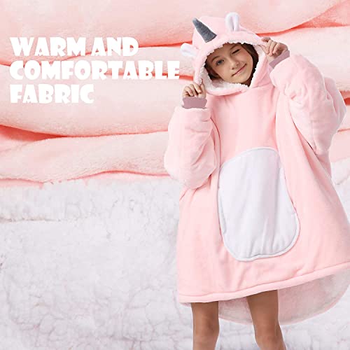 Blanket Hoodie for Kids Oversized Wearable Blanket Super Soft Warm Comfortable Fleece Hoodie Blanket for Boys Girls Teens Children Pink and White