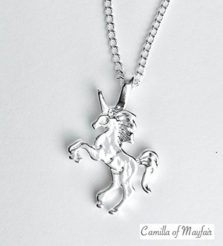 Camilla of Mayfair: UNICORN CHARM NECKLACE. Fine silver necklace chain. Includes a positive message card making this girls necklace the Perfect gift. Unicorn jewellery charm necklace