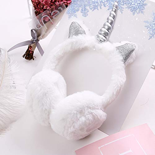 Unicorn White Plush Ear Muff For Girls | Silver Horn & Glittery Ears