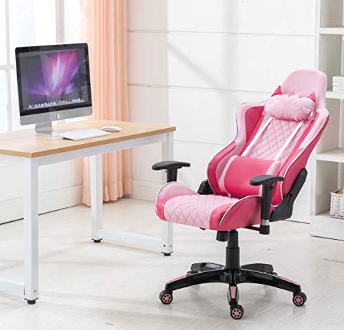 Wahson PU Leather Gaming Chair, Computer Game Chair Ergonomic Reclining Racing Chair for PC Office Desk Chair with Cat-Shape Headrest and Lumbar Support (Pink）