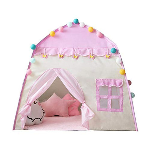 Kids pink play house with pom poms, door and window 