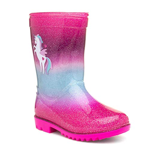 Kids Pink & Blue Unicorn Glitter Wellington Boot 