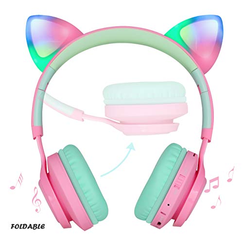 Bluetooth Headphones, Riwbox CT-7 Cat Ear LED Light Up Wireless Foldable Headphones Over Ear with Microphone and Volume Control for iPhone/iPad/Smartphones/Laptop/PC/TV (Pink&Green)