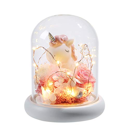 Floral Unicorn With Lights In Glass Dome 