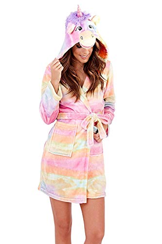 Cute and Cuddly, Ladies, Girls Novelty Flannel Fleece Unicorn Hooded Robe, Dressing Gown with Face and Horn, Rainbow, Small